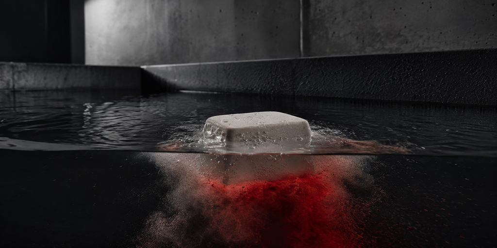 ESC 01 No Signal bath bomb dissolving in dark water with a red mineral cloud