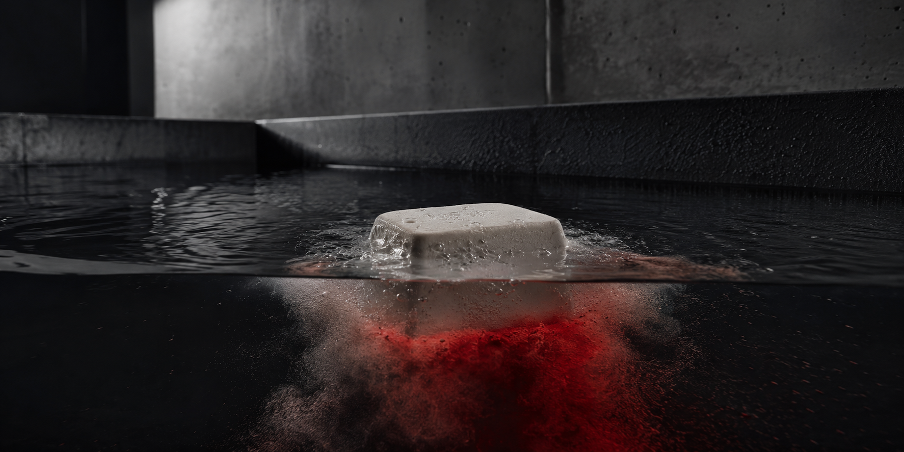 ESC 01 No Signal bath bomb dissolving in dark water with a red mineral cloud